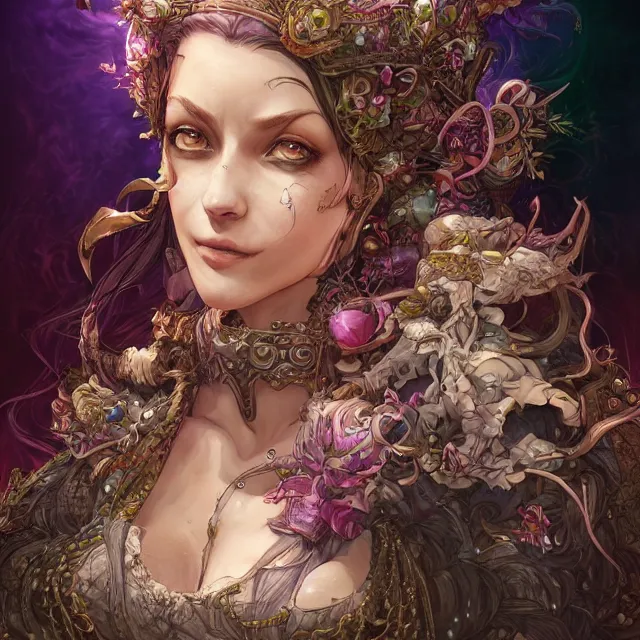 Image similar to the portrait of chaotic good female druid alchemist as absurdly beautiful, gorgeous, elegant, young gravure idol, an ultrafine hyperdetailed illustration by kim jung gi, irakli nadar, intricate linework, sharp focus, bright colors, octopath traveler, final fantasy, unreal engine 5 highly rendered, global illumination, radiant light, detailed and intricate environment