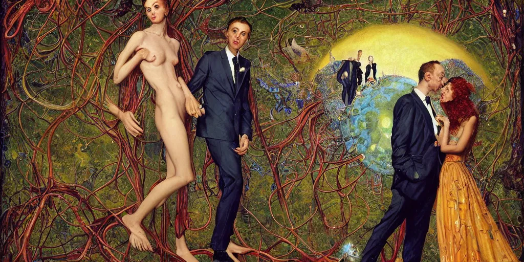 Image similar to two lovers wearing a suit made of nervous system, channeling third eye energy, surrounded by a background of cyber mystic garden of earthly delights, painted part by wojciech siudmak, part by ilya repin, part by norman rockwell, part by zhang jingna, artstation