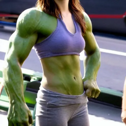 Prompt: emma watson cosplaying as the hulk, muscly emma watson wearing a hulk costume, beefy cosplay award winner