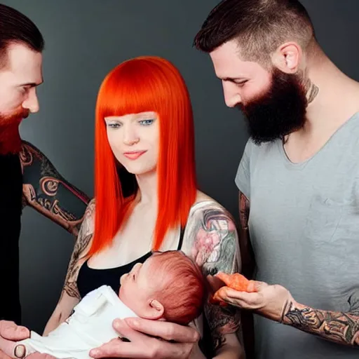 Prompt: photo of a slender attractive couple. The woman has long straight red orange hair. The man has a dark thick neatly groomed beard and tattoos. The man is giving the woman a haircut while she feeds a baby.