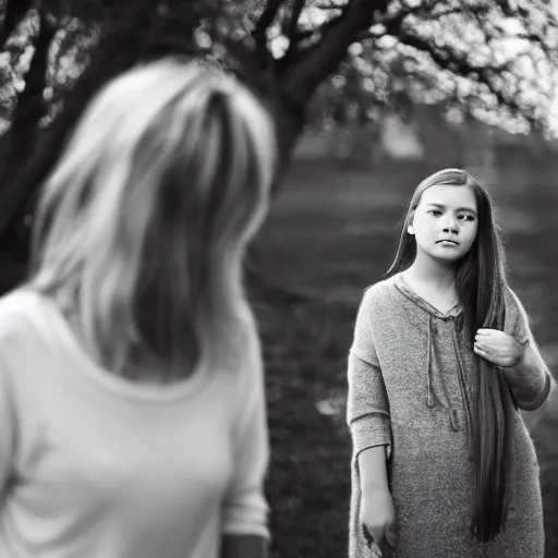 Image similar to , a young girl, a teen, a woman and a grandma post for a photo 5 0 mm lens, f 1. 4, sharp focus, ethereal, emotionally evoking, head in focus, volumetric lighting, blur dreamy outdoor,