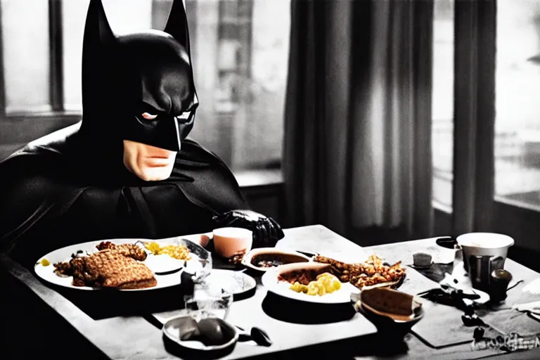 Image similar to portrait of Batman eating breakfast By Emmanuel Lubezki