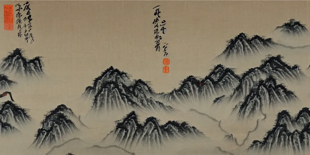 Prompt: A Tang dynasty poem with a beautiful traditional Chinese painting of distant mountains