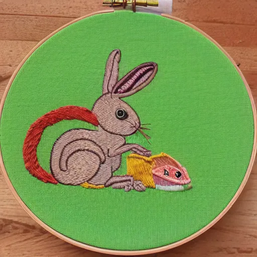 Image similar to “a rabbit eating a lizard, embroidery”