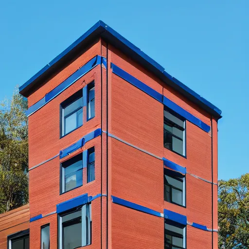 Image similar to tall 4 story house with blue wooden facade with dark red bricks on the roof in a valley