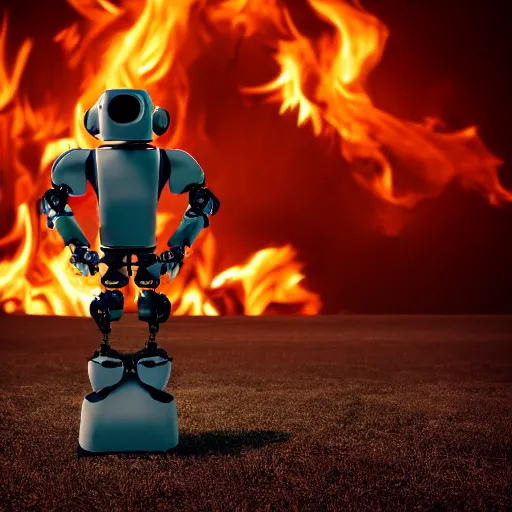 Image similar to futuristic robot bent on knees towards a burning field, photograph, smoke, dark