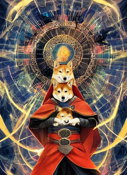 Image similar to dr. strange casting a shield spell in the metaverse with a shiba inu samurai at his feet, hyper realistic, highly detailed, perfect face, smooth, focus