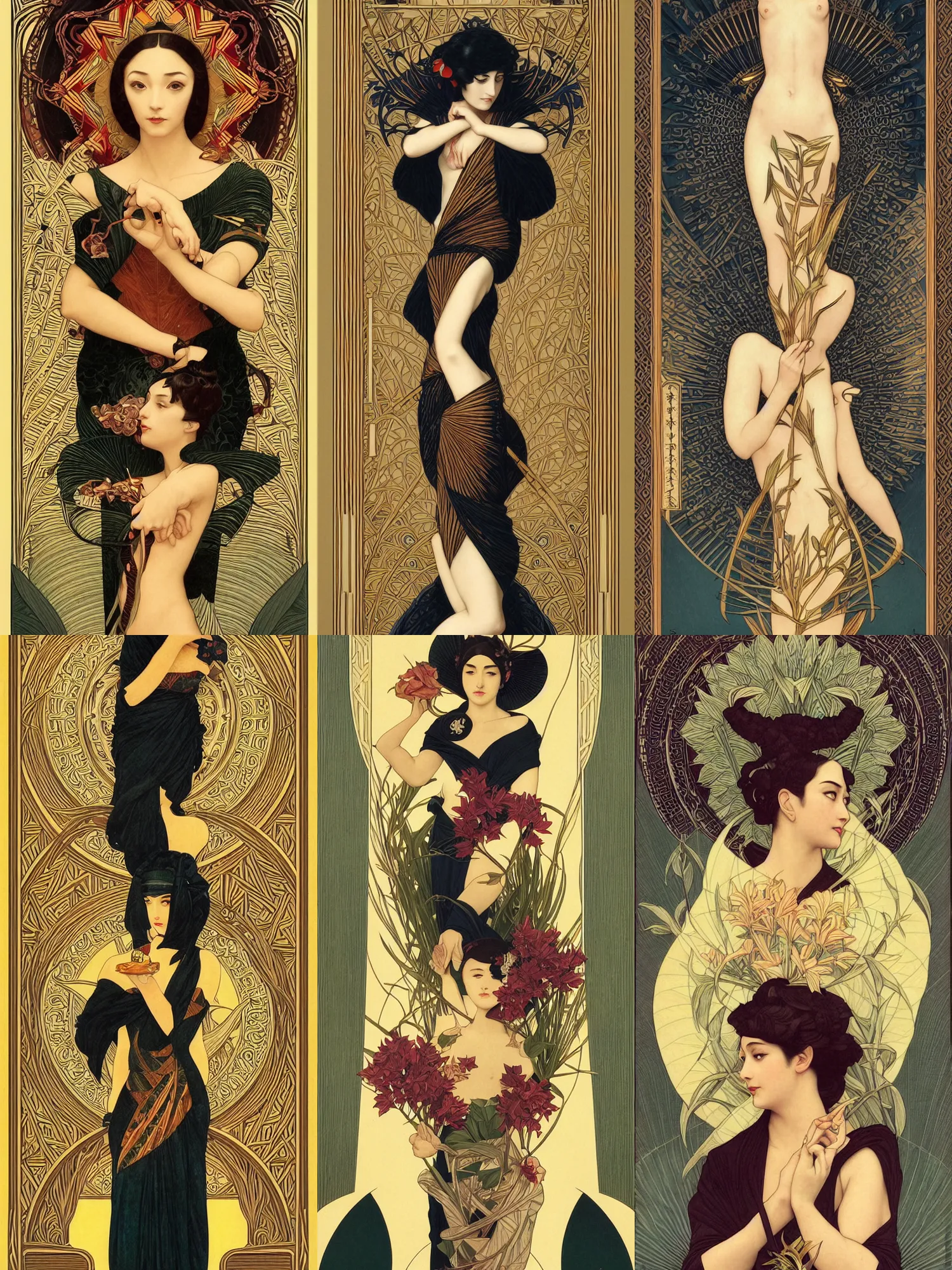 Prompt: an intricately designed art deco tarot card, ikebana, symmetric, highly detailed, elegant, concept art, intricate, sharp focus, illustration, alexandros pyromallis, bouguereau, rutkowski, artgerm, alphonse mucha