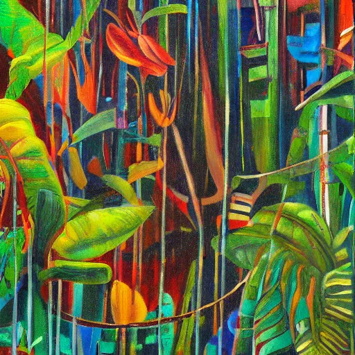 Prompt: 4 th wall jungle painting, oil and acrylic on canvas, high detail