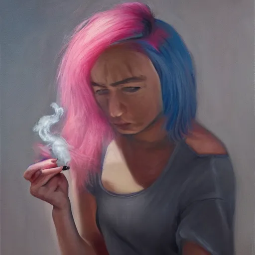 Prompt: person with pink hair holding a knife and smoking weed, cinematic, 4 k, oil painting