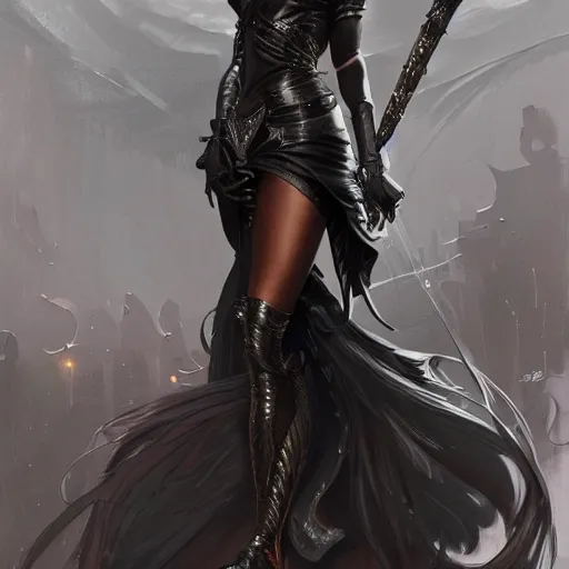 Image similar to full figure ultra realistic illustration, naomi campbell wearing black armor, intricate, elegant, highly detailed, digital painting, artstation, concept art, smooth, sharp focus, illustration, art by artgerm and greg rutkowski and alphonse mucha