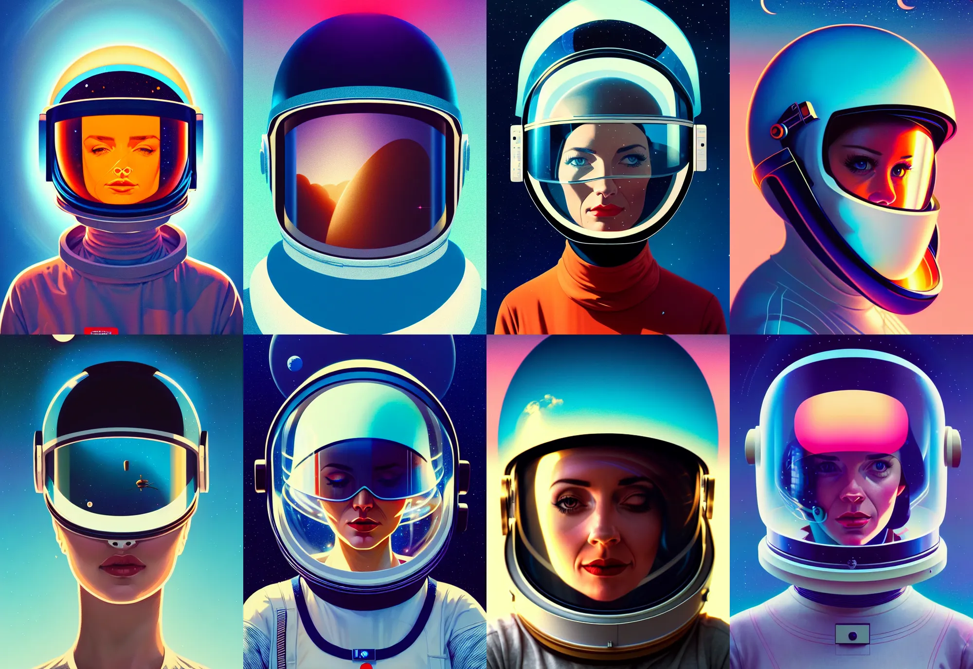 Prompt: retrofuturistic portrait of a woman in astronaut helmet, smooth transparent visor, reflective gradient, space graphics art in background, close up, quint buchholz, wlop, dan mumford, artgerm, liam brazier, peter mohrbacher, raw, featured on artstation, octane render, cinematic, elegant, intricate, 8 k