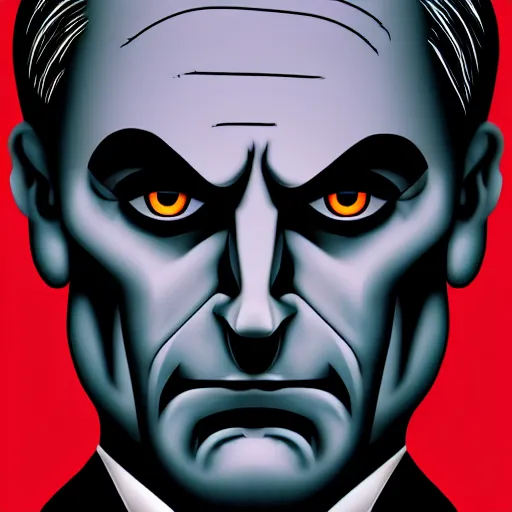 Image similar to solid glowing eyes, digital portrait of secretary of denis mcdonough face with solid glowing eyes, cover art of graphic novel, evil laugh, menacing, Machiavellian puppetmaster, villain, simple style, solid colors, clean lines, clean ink, trending on artstation