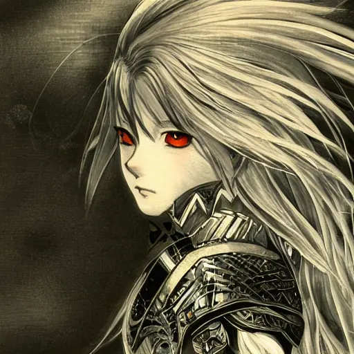 Image similar to Yoshitaka Amano realistic illustration of an anime girl with black eyes, wavy white hair fluttering in the wind and cracks on her face wearing Elden ring armour with engraving, abstract black and white patterns on the background, noisy film grain effect, highly detailed, Renaissance oil painting, weird portrait angle, blurred lost edges, three quarter view