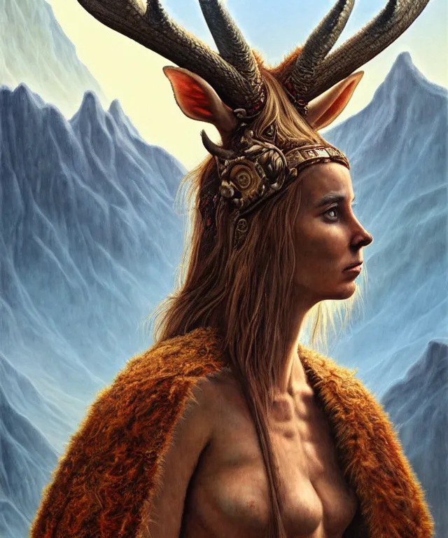 Image similar to a detailed horned antelopewoman stands among the mountains. wearing a ripped mantle, robe. perfect faces, extremely high details, realistic, fantasy art, solo, masterpiece, soft colors and lighting, art by daniel e. greene, johannen voss, zoey frank, vincent desiderio