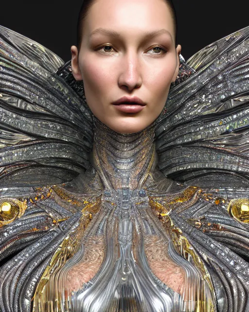 Image similar to a highly detailed metahuman 4 k close up render of an alien goddess bella hadid as alien in iris van herpen dress schiaparelli in diamonds crystals swarovski and jewelry iridescent in style of alphonse mucha gustav klimt trending on artstation made in unreal engine 4