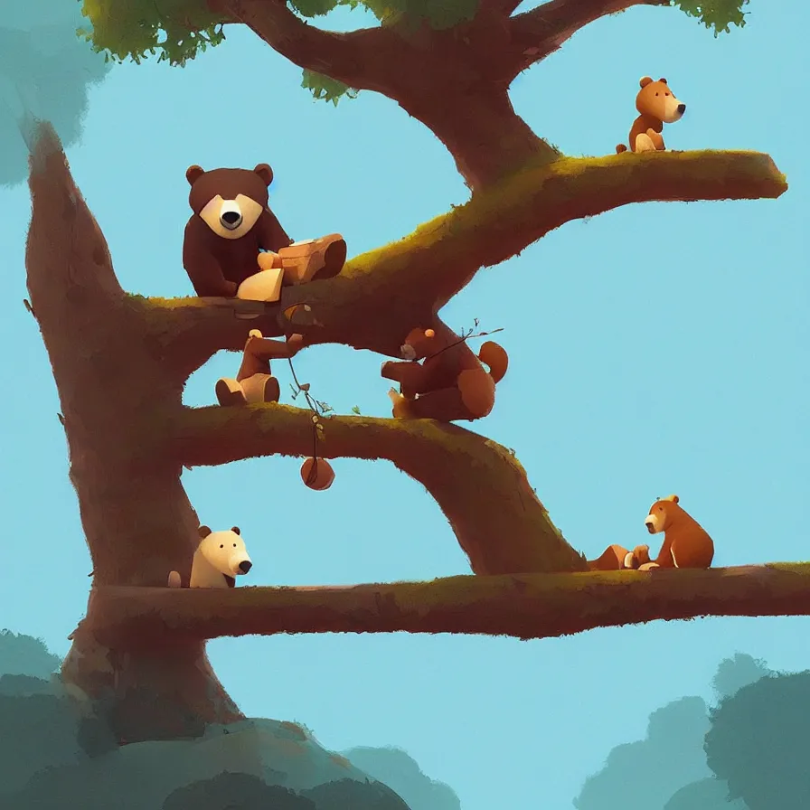 Prompt: Bear on a tree crossing the river!!!, art by Goro Fujita, ilustration, concept art, sharp focus, ArtStation, Deviantart