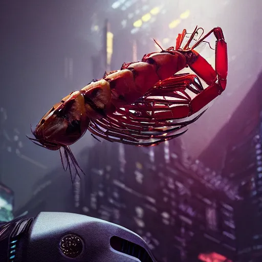 Image similar to a cybernetic engineered cyberpunk shrimp god villain, studio, studio background, sharp focus, dynamic lights, still, photograph, hyper realistic, masterpiece, digital, octane render, rendered, 3 d, blender, 3 d software