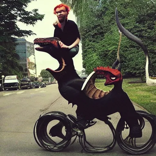 Image similar to an old photograph of taddl ( tj _ beastboy ) riding a real dinosaur, exciting