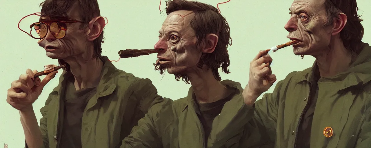 Image similar to duotone olive illustration 3 / 4 portrait of gollum smoking joints with elon musk composition accidental renaissance golden ratio. by sachin teng and sergey kolesov and ruan jia and heng z. graffiti art, scifi, fantasy, hyper detailed. octane render. concept art. trending on artstation