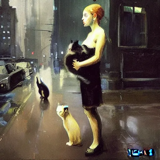 Image similar to “ a girl holding a cat in futuristic new york city, ghostpunk, heavy rain, high detail, oil painting, by george bellows ”