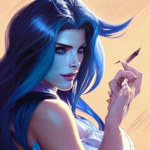 Image similar to Ashley Greene with blue hair as Sailor Moon, western, D&D, fantasy, intricate, elegant, highly detailed, digital painting, artstation, concept art, matte, sharp focus, illustration, art by Artgerm and Greg Rutkowski and Alphonse Mucha