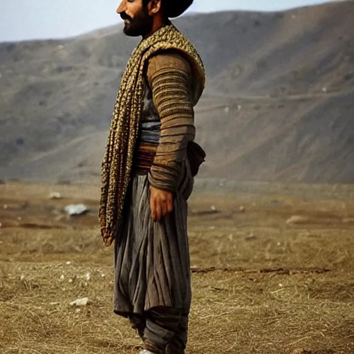 Image similar to Kurdish shepherd wearing Kurdish clothes in a movie directed by Christopher Nolan, movie still frame, promotional image, imax 70 mm footage