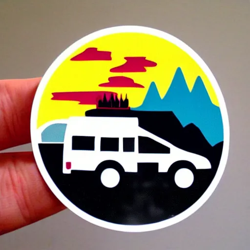 Prompt: sticker of a white and black cute thor chateau! motorhome camper!!, mountains, colorful sunset!!, stencil, sticker!! by tom whalen