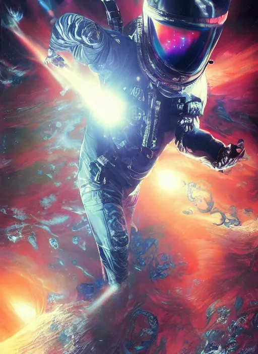 Image similar to astronaut in dark void underwater - complex and hyperdetailed technical suit design. reflection and dispersion materials. rays and dispersion of light. volumetric light. f / 3 2. noise film photo. flash photography. ultra realistic, 5 0 mm. poster by wayne barlowe, hajime sorayama aaron horkey, craig mullins