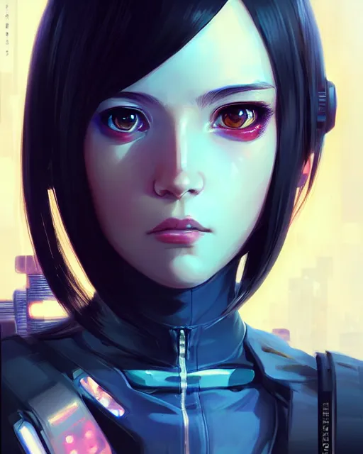 Image similar to a comic potrait of a cyberpunk cyborg girl with big and cute eyes, fine - face, realistic shaded perfect face, fine details. night setting. very anime style. realistic shaded lighting poster by ilya kuvshinov katsuhiro, magali villeneuve, artgerm, jeremy lipkin and michael garmash, rob rey and kentaro miura style, trending on art station