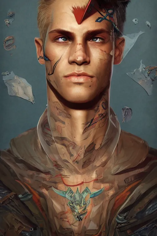 Image similar to portrait of beautiful young man, warhammer, a lot of scars, readhead, the future ages, highly detailed, artstation, illustration, art by tristan eaton, 8 k quality