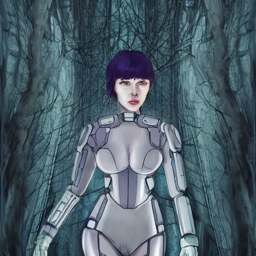 Image similar to scarlett johansson ghost in the shell costume in a spooky forest, hq artwork, coherent, insane detail, concept art, character concept, character full body portrait