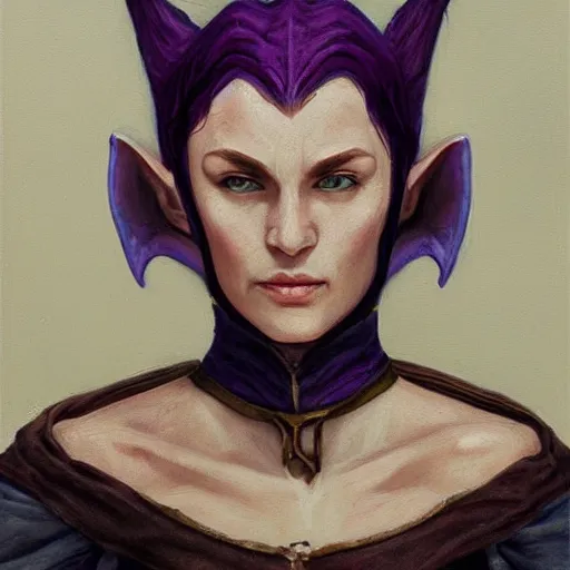 Prompt: oil painting a female medieval fantasy tolkien elf, dark purplish hair tucked behind ears, wearing a fur lined collar, wide face, muscular build, scar across the nose, cinematic, character art, detailed.