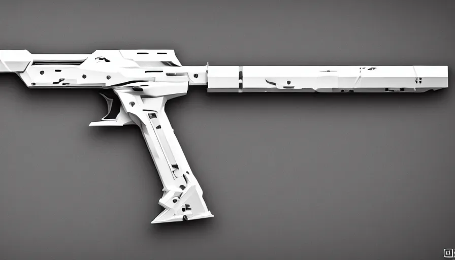 Prompt: extremely detailed realistic side view of a sci fi magnum pistol coilgun, detailed trigger, chemically propelled, massive battery, smooth streamline, battery and wires, railgun, chemrail, gauss, elegant sleek smooth body, white paint, smooth utopian design, ultra high quality, hyper minimalist, octane, cod, destiny, warframe, terminator