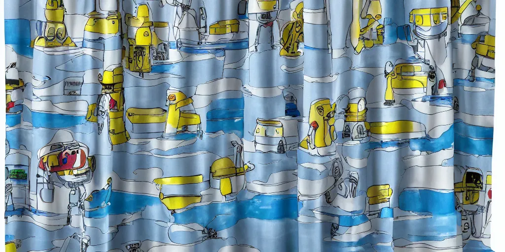 Prompt: shower curtain product catalog. wide - angle photo. on the curtain is a watercolor of the mecha streisand south park episode ( tv ). the water color has ink under drawing. wide - angle product photography of a shower curtain, product lighting. 4 k, highly detailed. saturated.