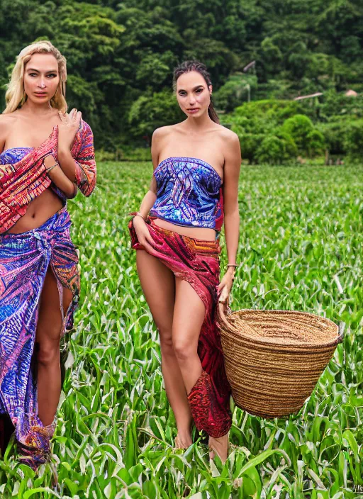 Image similar to portrait of lindsey pelas and gal gadot wearing tied batik shirt and sarong harvesting a paddy field, by charlotte grimm, natural light, detailed face, canon eos c 3 0 0, ƒ 1. 8, 3 5 mm, 8 k, medium - format print, half body shot