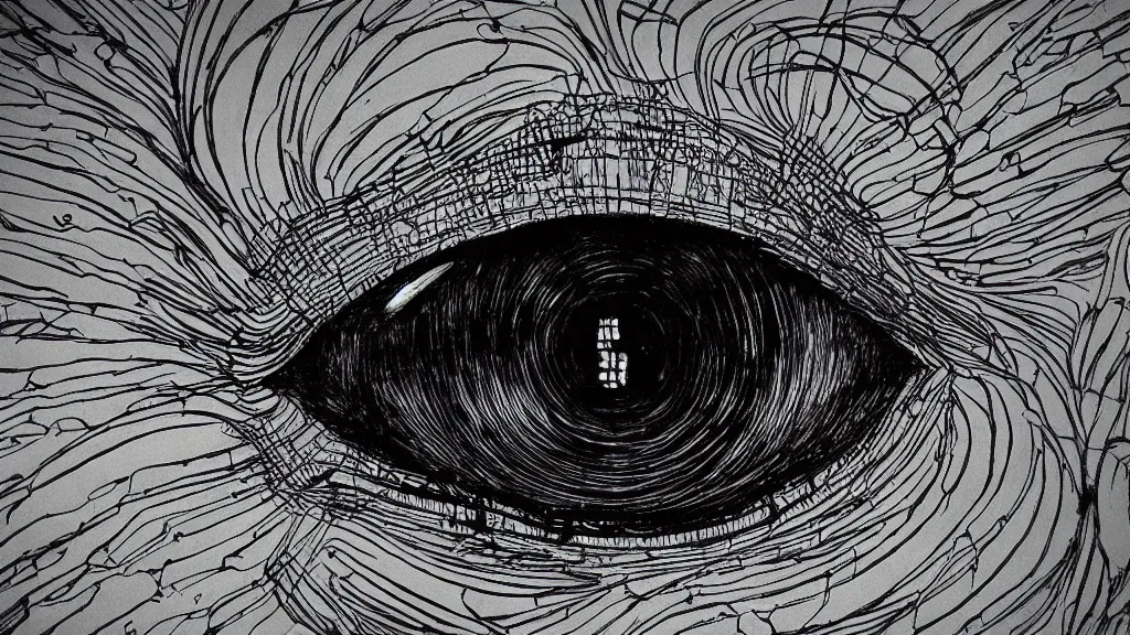 Image similar to eye of the storm, style of Giger, H. R. GIGER, style of Junji Ito, 4K, highly detailed, minimalistic, minimalistic, minimalistic, fine tuned, machina