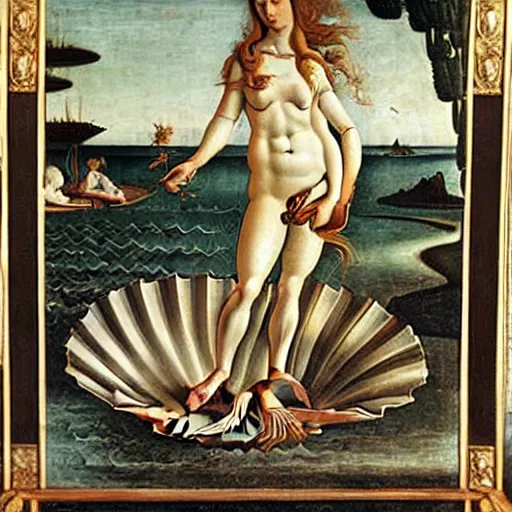 Prompt: oil painting by sandro botticelli of the birth of venus but with a black, brown and white corgi dog instead of venus standing on the scallop shell.