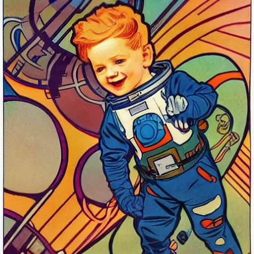 Image similar to a cute little boy with a mischievous face and short ginger hair. he is dressed as an astronaut. well composed, clean elegant painting, beautiful detailed face. comic book art by steve ditko and jack kirby and ( alphonse mucha )