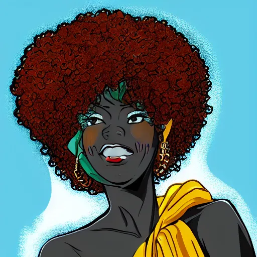 Prompt: black woman with a gold afro in anime style, highly detailed, sharp colors