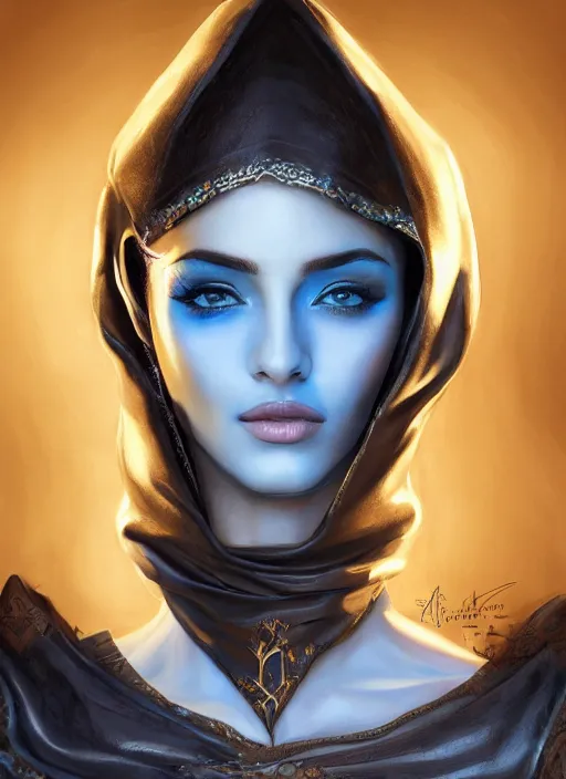 Prompt: Beautiful Arab Ameera Al taweel, blue eyes, leather, portrait, fantasy, medieval, oil colors, elegant, concept art, sharp focus, beautiful face, digital art, Hyper-realistic, 4K, Unreal Engine, Highly Detailed, HD, Dramatic Lighting by Brom, trending on Artstation