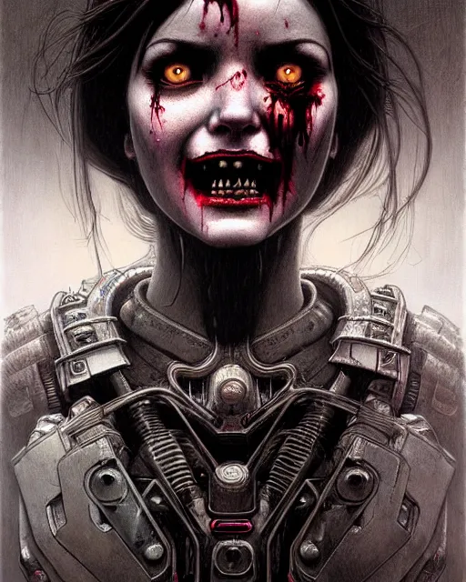 Image similar to d. va from overwatch, character portrait, portrait, close up, concept art, intricate details, highly detailed, horror poster, horror, vintage horror art, realistic, terrifying, in the style of michael whelan, beksinski, and gustave dore