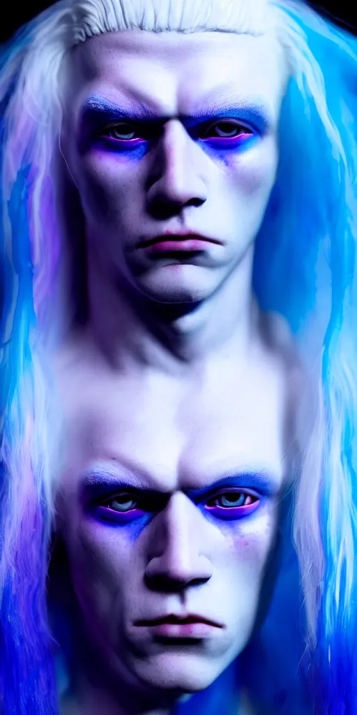 Prompt: hyperrealistic close-up of beautiful albino man with purple hair and pearlescent blue skin james paick machiej kuciara dramatic neon lighting on one side wide angle 35mm shallow depth of field