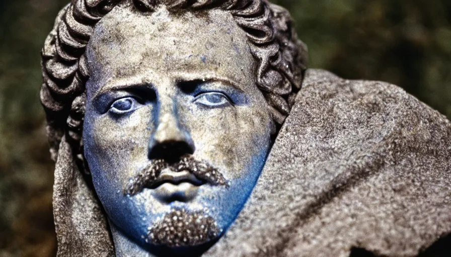 Image similar to 1 9 6 0 s movie still close up of marcus aurelius frozen to death in a blue cape in a river with gravel pebbles, pine forests, cinestill 8 0 0 t 3 5 mm, high quality, heavy grain, high detail, texture, dramatic light, anamorphic, hyperrealistic, detailed hair