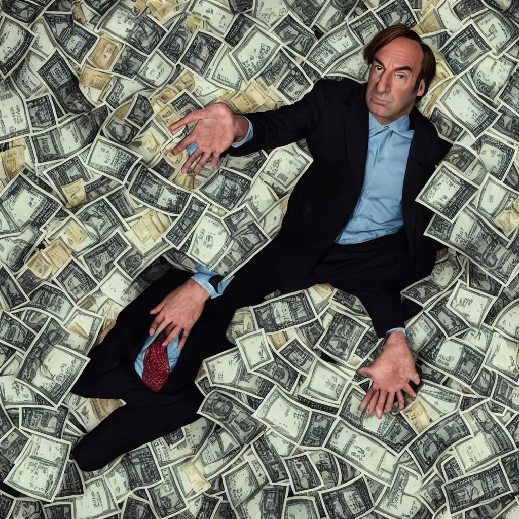 Image similar to saul goodman, better call saul, swimming in money, photo, 4 k