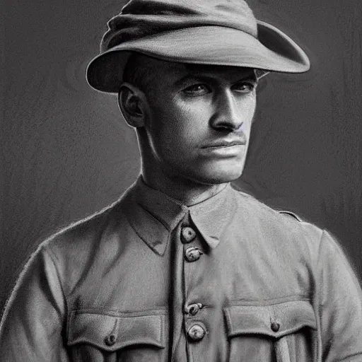 Image similar to a detailed photorealistic sepia - toned color portrait painting of a 1 9 1 7 worried clean - shaven british lieutenant in detailed field gear wearing a finely - detailed pith helmet in wadi rum, ultra realistic, intricate details, lovecraft, atmospheric, dark, horror, brooding, highly detailed, by clyde caldwell