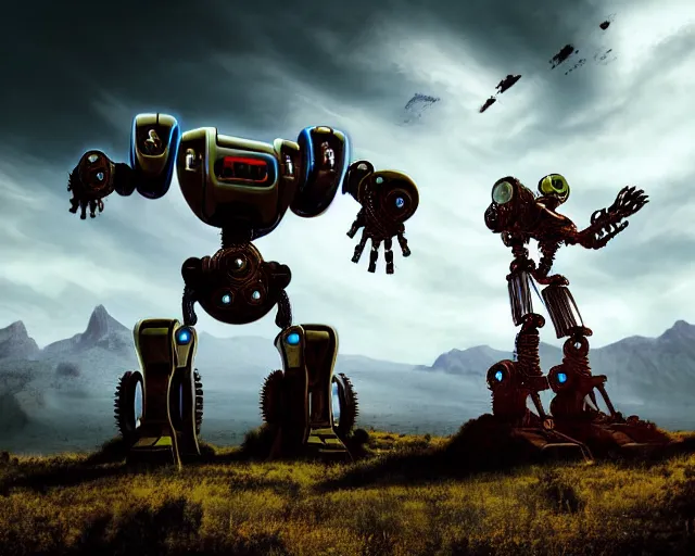 Image similar to two giand futuristic Sci-Fi robot fighting each other, landscape, steampunk, gears, close up, cloudy, mountains on background, peaceful day