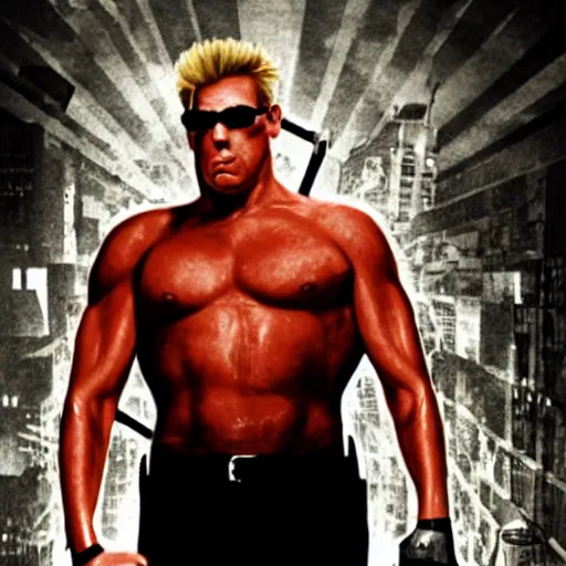 Image similar to Duke Nukem as The American Psycho, staring intensely, Duke Nukem art style, explosive background, cinematic still