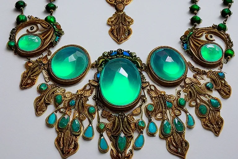 Image similar to highly detailed oil painting, very realistic gemstones, symmetrical, art nouveau, ornate, delicate, brilliant green, cyan and light blue gemstone necklace, dramatic light,
