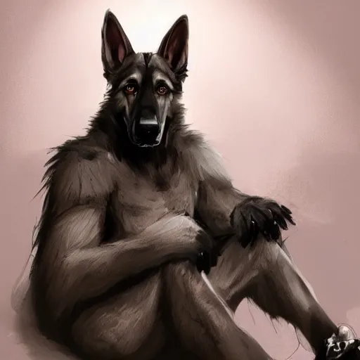 Image similar to a humanoid german shepherd beast - man, sitting on a couch and puts on socks, artstation, concept art, smooth, sharp focus illustration, trending on artstation